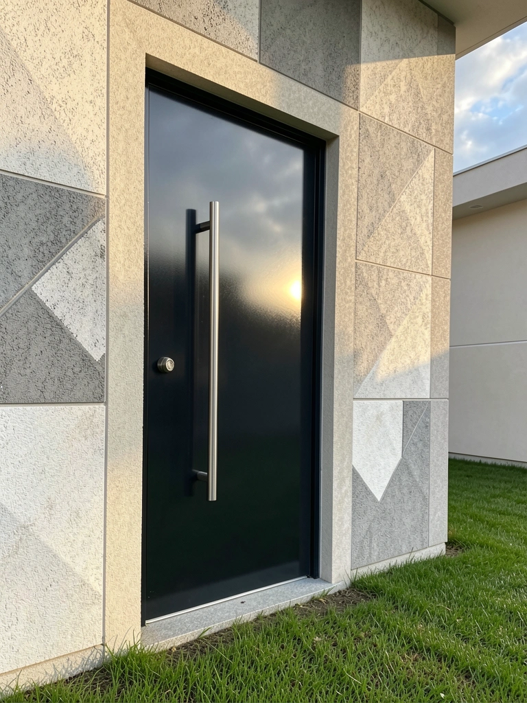 Porta de alumínio escuro com puxador vertical de aço escovado, parede de concreto texturizado em cinza e branco, grama aparada e luz natural com nuvens ao fundo.