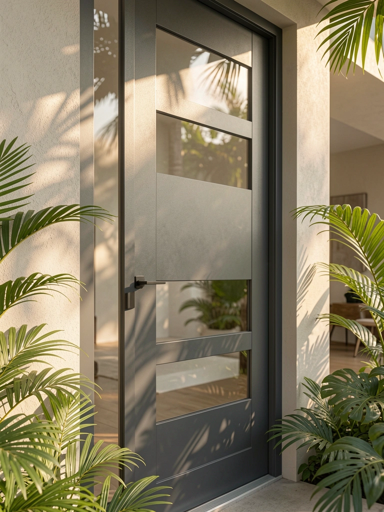 Porta de ACM e PVC cinza escuro com painéis de vidro, folhagens verdes na base e luz solar difusa.
