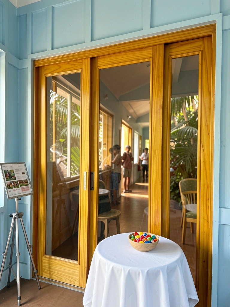 Três portas de correr de madeira dourada com vidro transparente, parede azul clara e painel cinza, mesa redonda com toalha branca e tigela de doces coloridos, luz natural do lado de fora.
