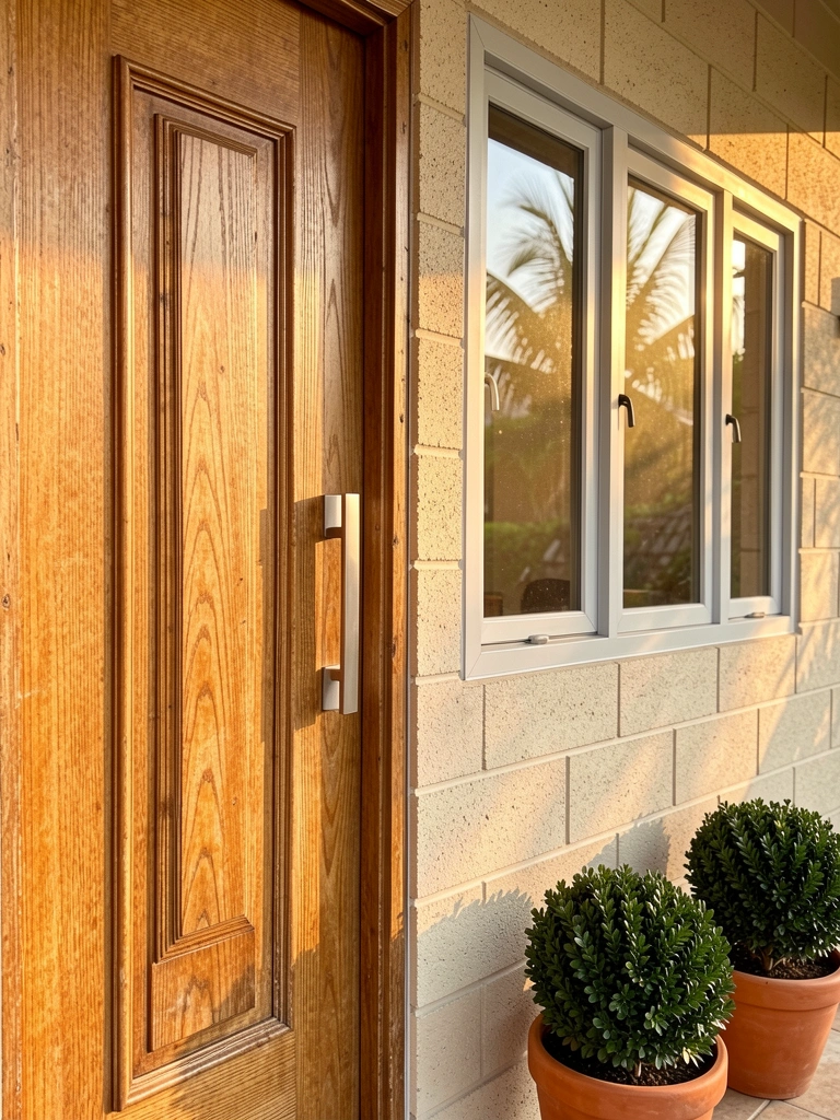 Porta rústica de madeira com puxador moderno ao lado de janela de vidro refletindo luz solar, parede de blocos de concreto texturizados e vasos de terracota com buxinhos.