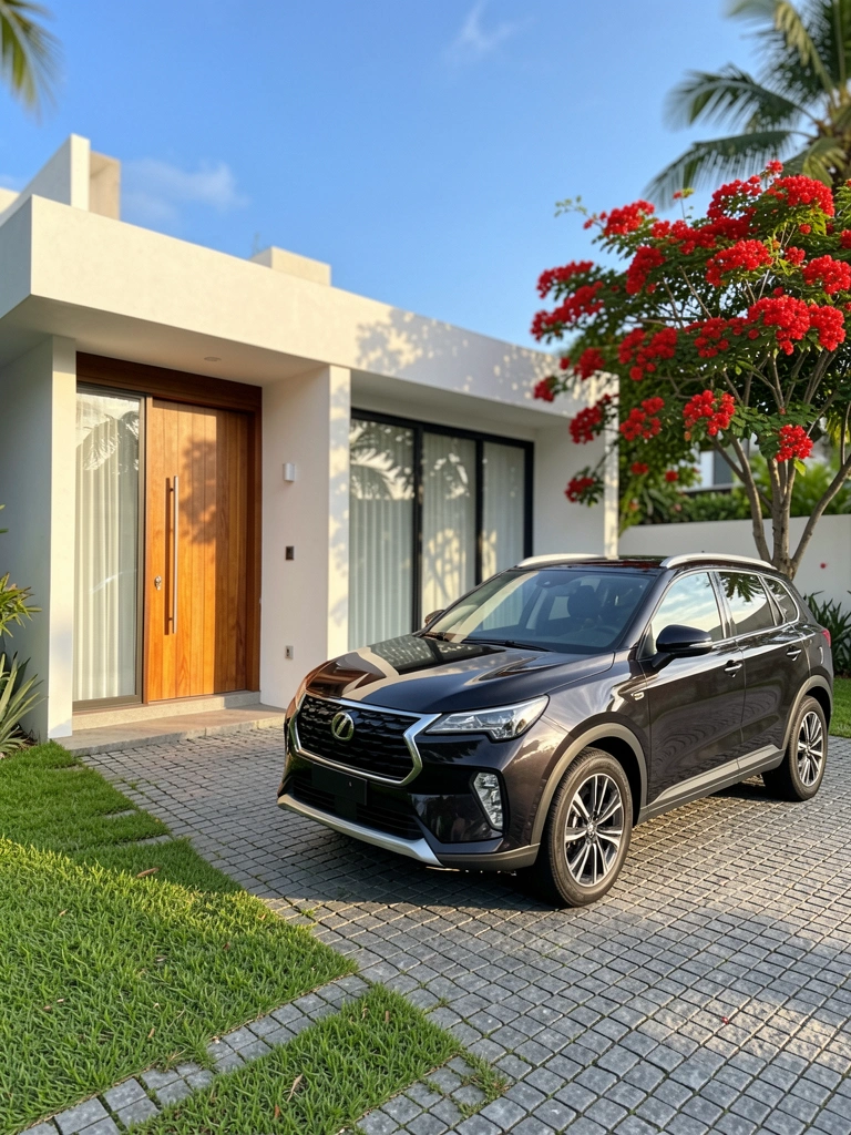 Casa minimalista de fachada branca com porta de madeira escura e janelões, grama verde e SUV preto estacionado no driveway de paralelepípedos cinza, árvore florida vermelha ao fundo, luz natural intensa.