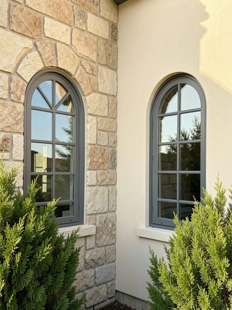 Parede de pedra rústica bege ao lado de stucco creme, duas janelas em arco com molduras metálicas escuras, arbusto verde denso na base, luz solar destacando texturas.