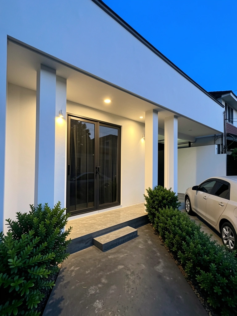 Fachada moderna com porta de vidro escuro, colunas brancas e caminho de concreto iluminado por spots, carro claro na garagem e arbustos verdes ao lado.