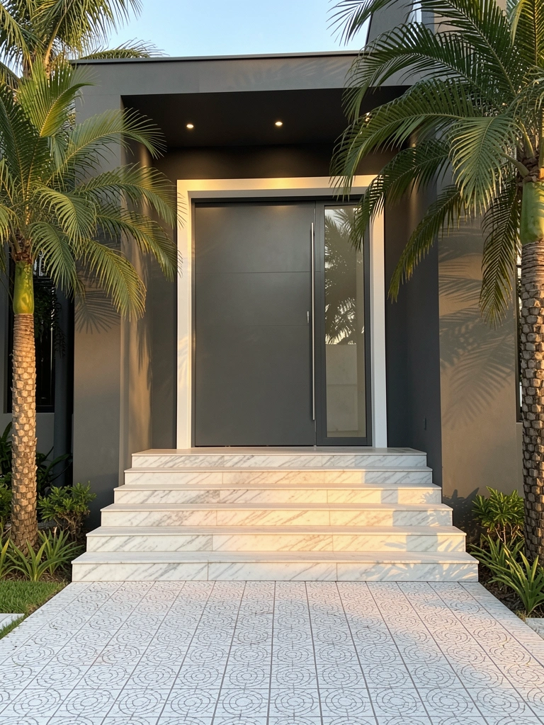 Porta pivotante cinza escuro polido com janela lateral, moldura branca, escadaria de mármore texturizado, palmeiras e luz tropical.