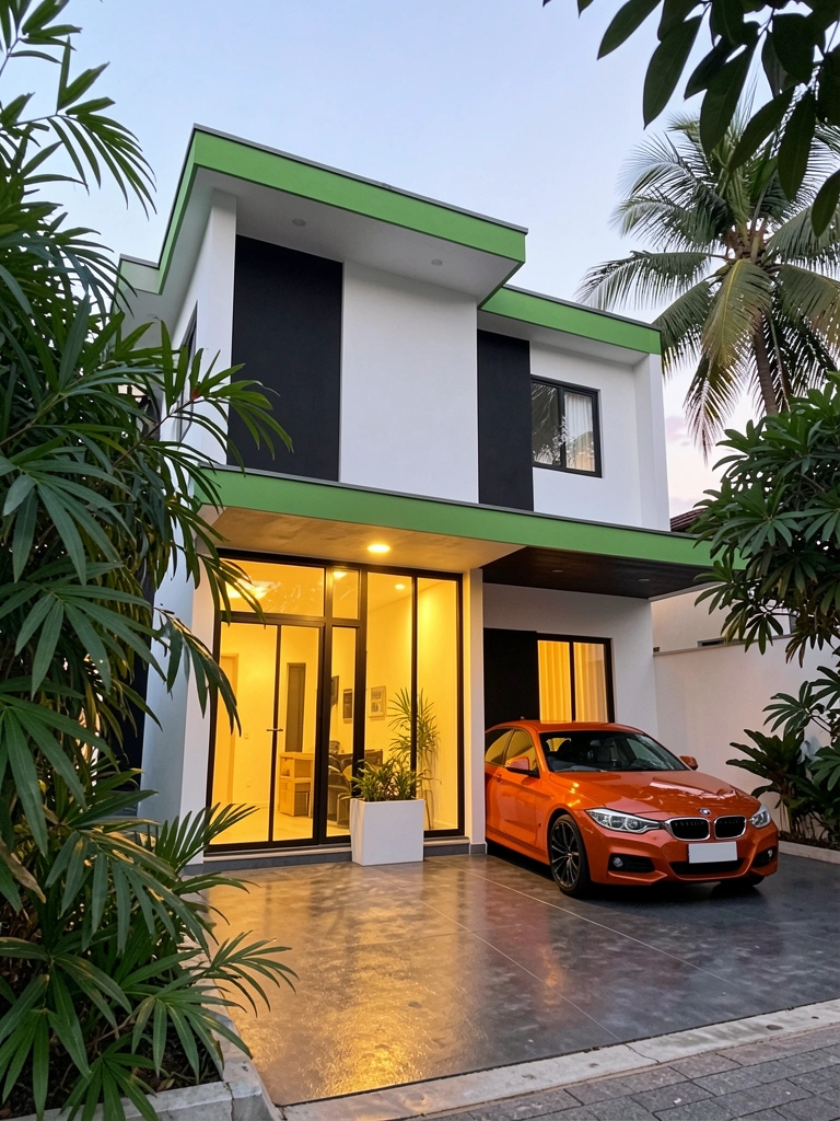 Casa moderna de dois andares com fachada branca e detalhes pretos, entrada envidraçada iluminada, BMW laranja estacionada e folhagem verde ao redor, sob luz crepuscular.
