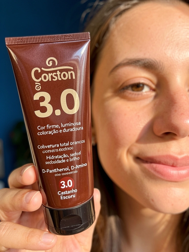 Tubo de tinta Corston 3.0 Castanho Escuro com rótulo texturizado, foco em close, rosto de mulher ao fundo desfocado, luz natural suave.