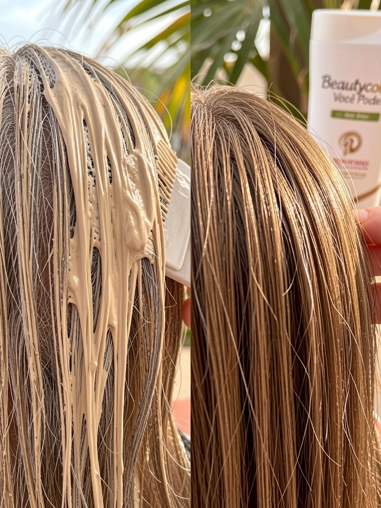 Close de cabelo com mechas bege cremoso, fios grisalhos cobertos e embalagem da Beautycolor ao fundo, luz natural suave.
