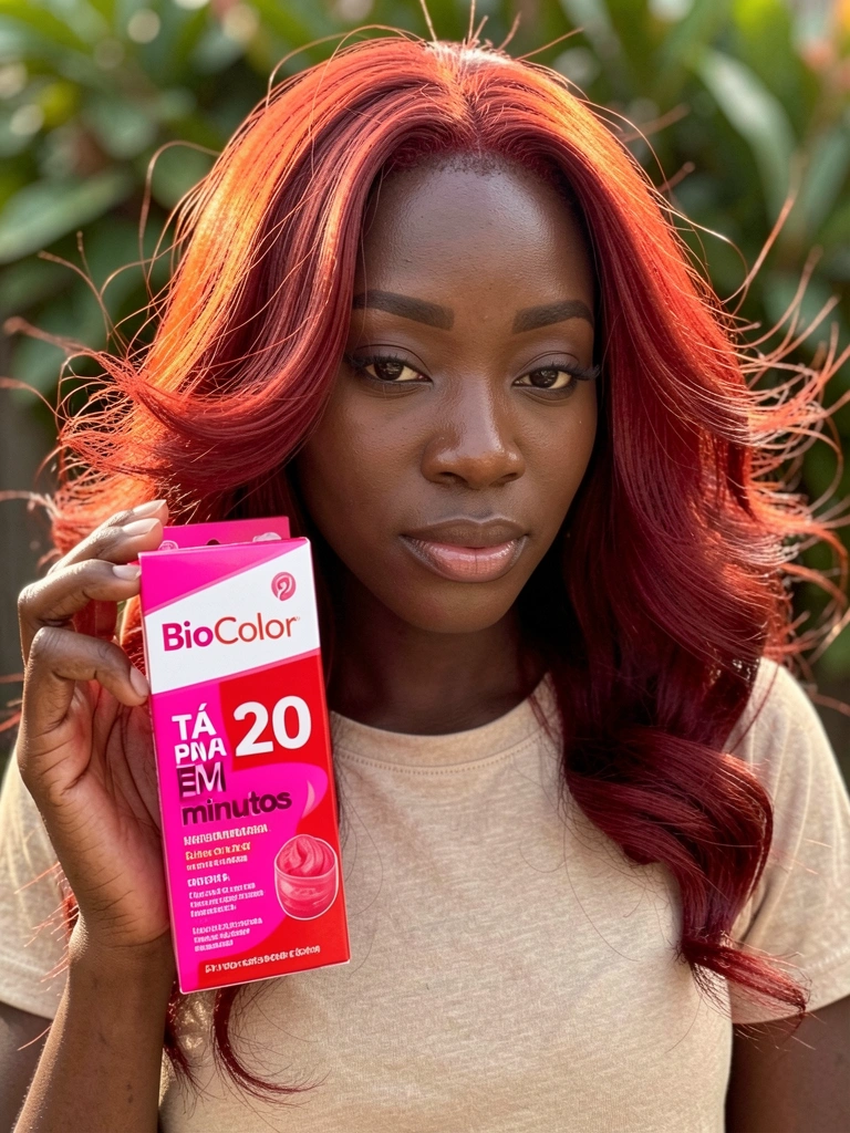 Mãos femininas negras com cabelo ruivo ondulado segurando caixa de tintura rosa e vermelha com texto 