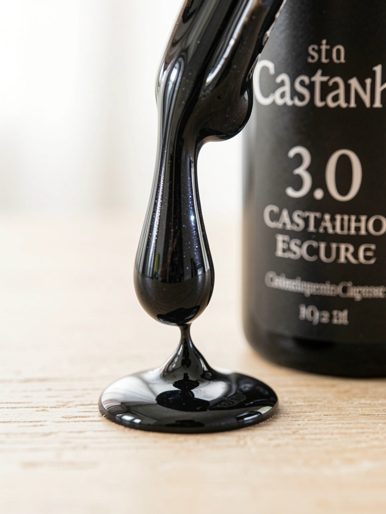 Bottle of 3.0 Castanho Escuro hair dye on light wood surface, glossy droplet reflecting light, macro detail of viscous texture.
