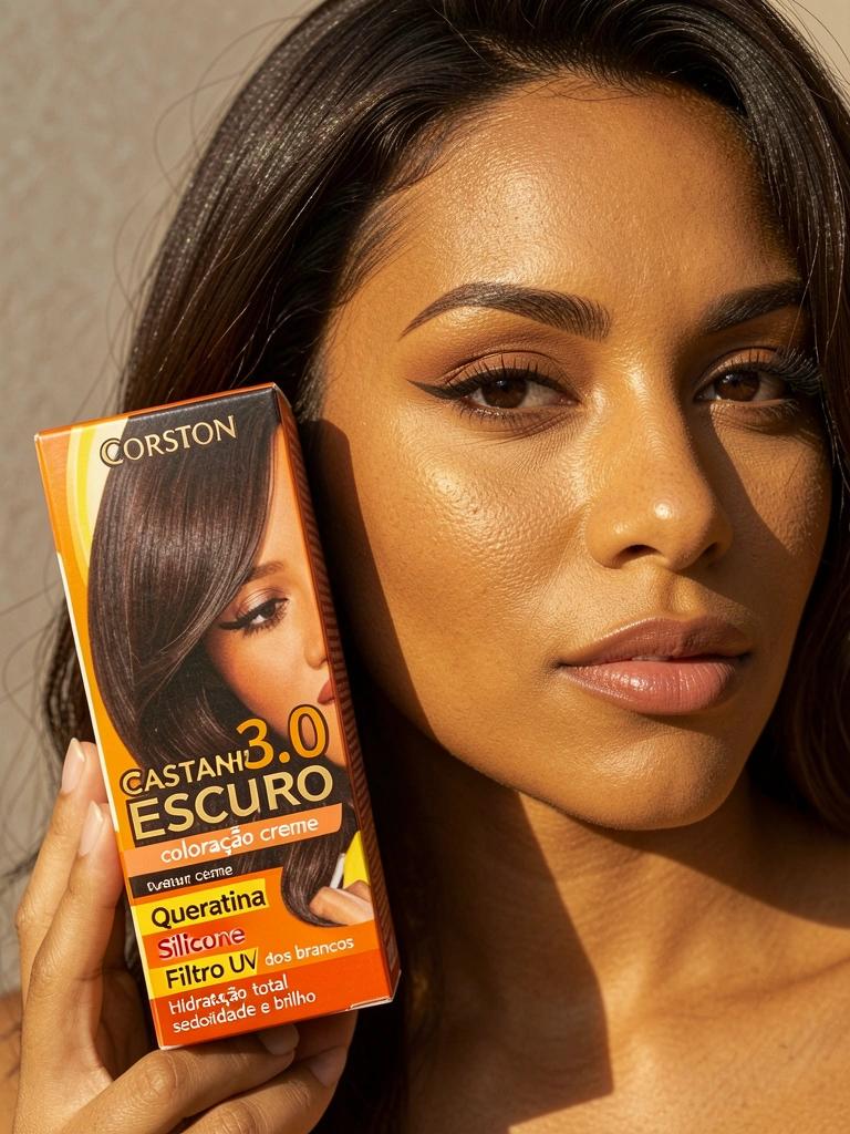 Close-up de mão segurando caixa de tintura Corston Castanho Escuro 3.0, pele dourada com textura, luz difusa suave.