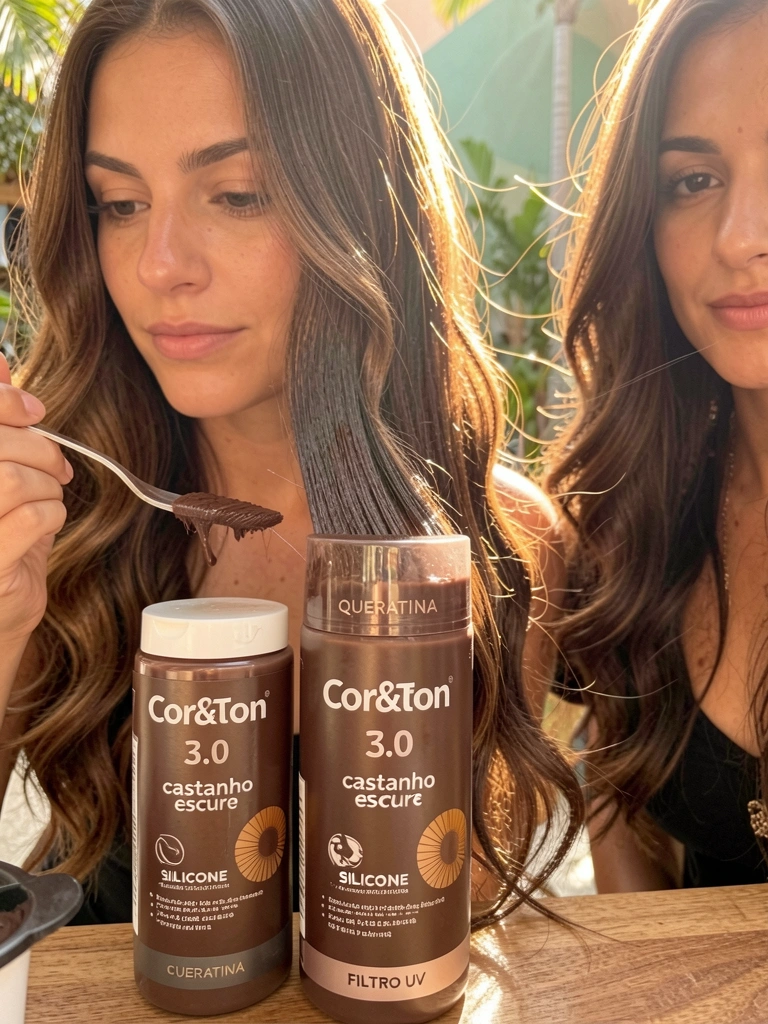 Mãos femininas aplicando tinta Cor&Ton 3.0 castanho escuro em cabelos longos e ondulados, embalagem com queratina e silicone em destaque, luz natural quente.