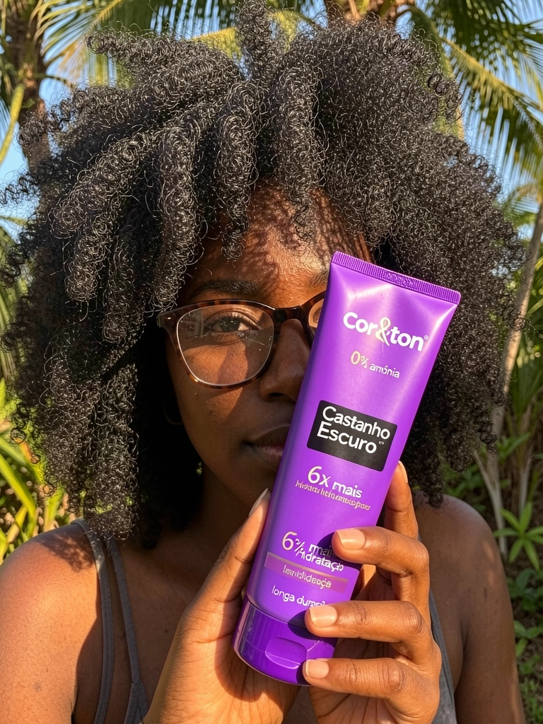 Mão feminina negra segurando tubo de tinta Cor&Ton Castanho Escuro com embalagem roxa, cabelo crespo e óculos ao fundo, luz natural.