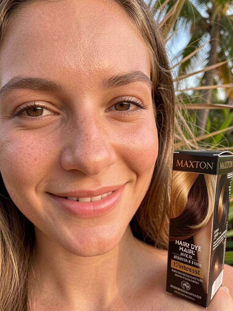 Jovem sorrindo com pele radiante, caixa de tinta para cabelo Maxton em tons marrom e dourado ao fundo, luz natural difusa e folhagem tropical.