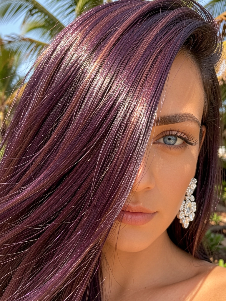 Close-up de cabelo roxo-acastanhado com brilho, olhos azuis e brincos de cristal, folhagem desfocada ao fundo.