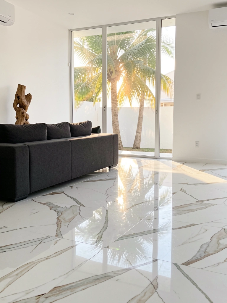 Sofá cinza escuro e escultura de madeira em primeiro plano, com luz solar refletida no piso de mármore branco polido e palmeira ao fundo através do vidro.