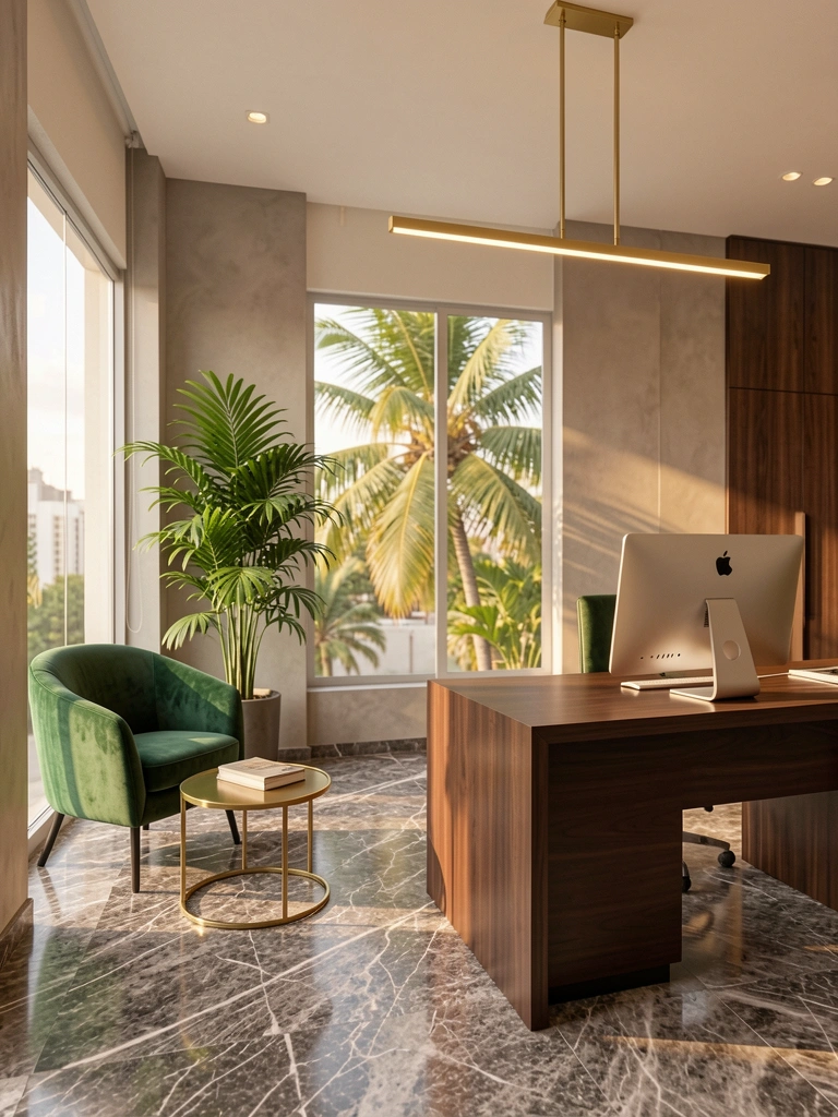 Piso de mármore texturizado, lustre dourado de braços planos, mesa de madeira escura com computador Apple, poltrona verde e planta tropical sob luz natural