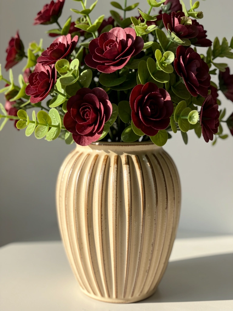 Vaso de cerâmica bege com estrias verticais, buquê de flores artificiais vinho e verde, fundo cinza claro iluminado por luz solar difusa.