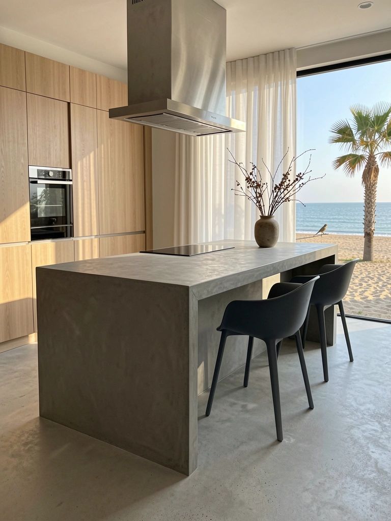 Ilha de concreto cinza com exaustor de aço inoxidável, cadeira escura e arranjo de galhos secos em vaso de cerâmica, luz natural entrando por janela com vista para praia e palmeira.