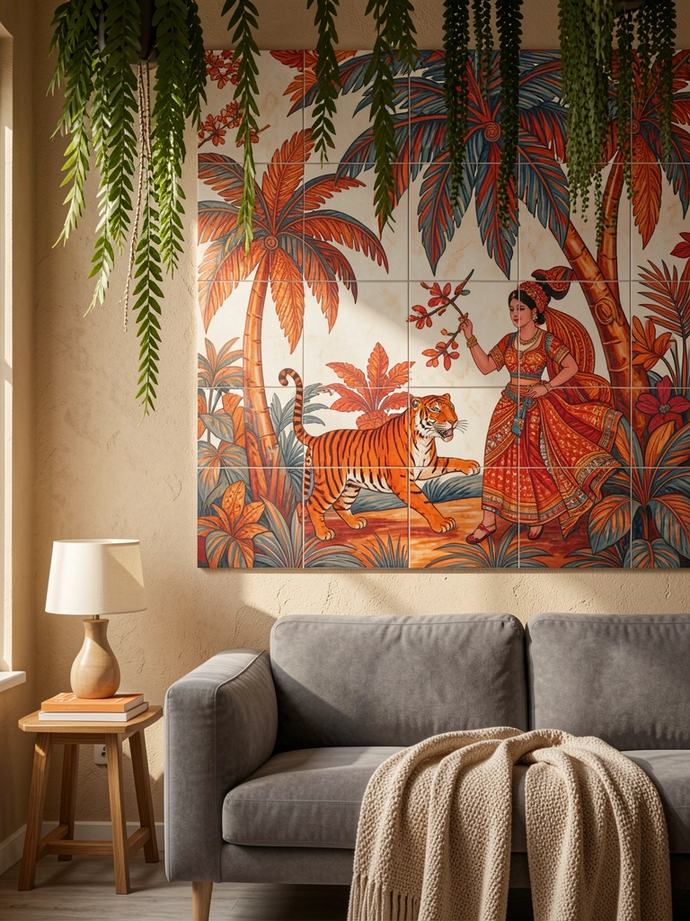 Mural de azulejo com palmeiras, tigre saltando e mulher em trajes típicos em tons de vermelho, laranja e azul, sofá cinza, plantas pendentes e luz natural filtrada.