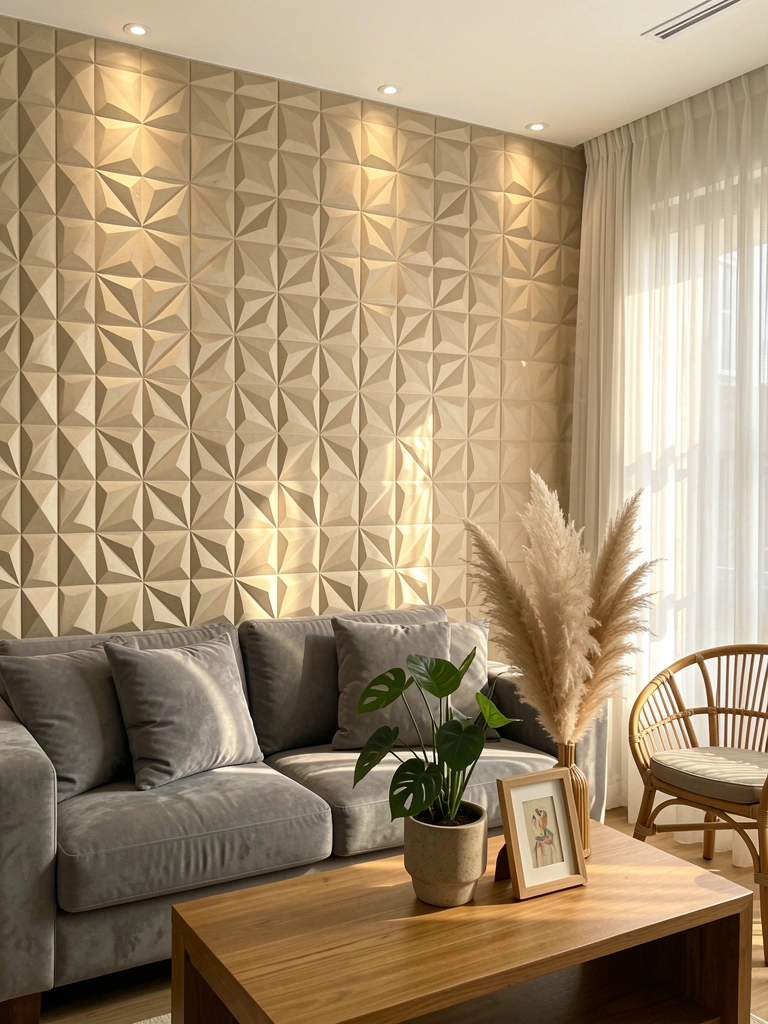 Painel 3D texturizado em bege claro com padrão geométrico triangular, sofá cinza e mesa de centro de madeira com vaso de planta, pampas secos e quadro pequeno.