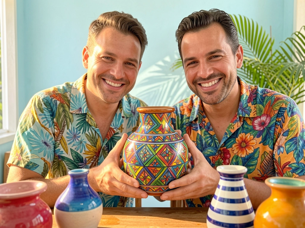 Luz natural incide sobre dois homens sorrindo segurando vaso de cerâmica pintado à mão com padrão geométrico colorido, outros vasos e planta tropical ao fundo.