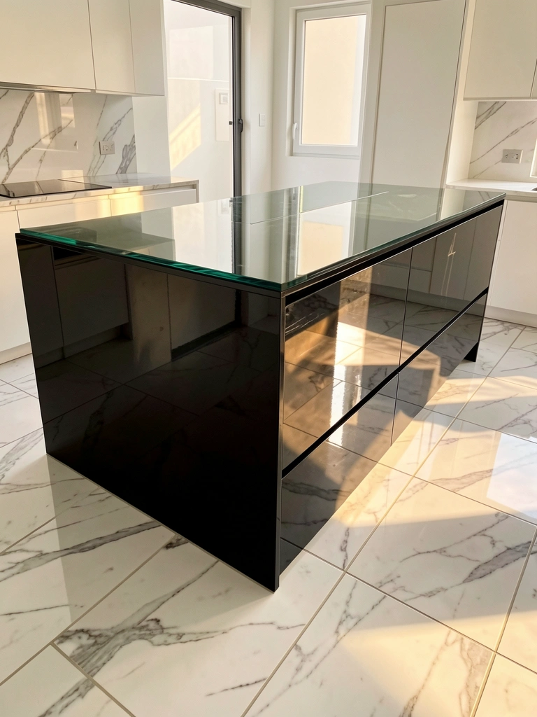 Bancada de cozinha preta brilhante com tampo de vidro refletindo armários brancos e luz natural do janelão, piso de mármore branco espelhando o ambiente.
