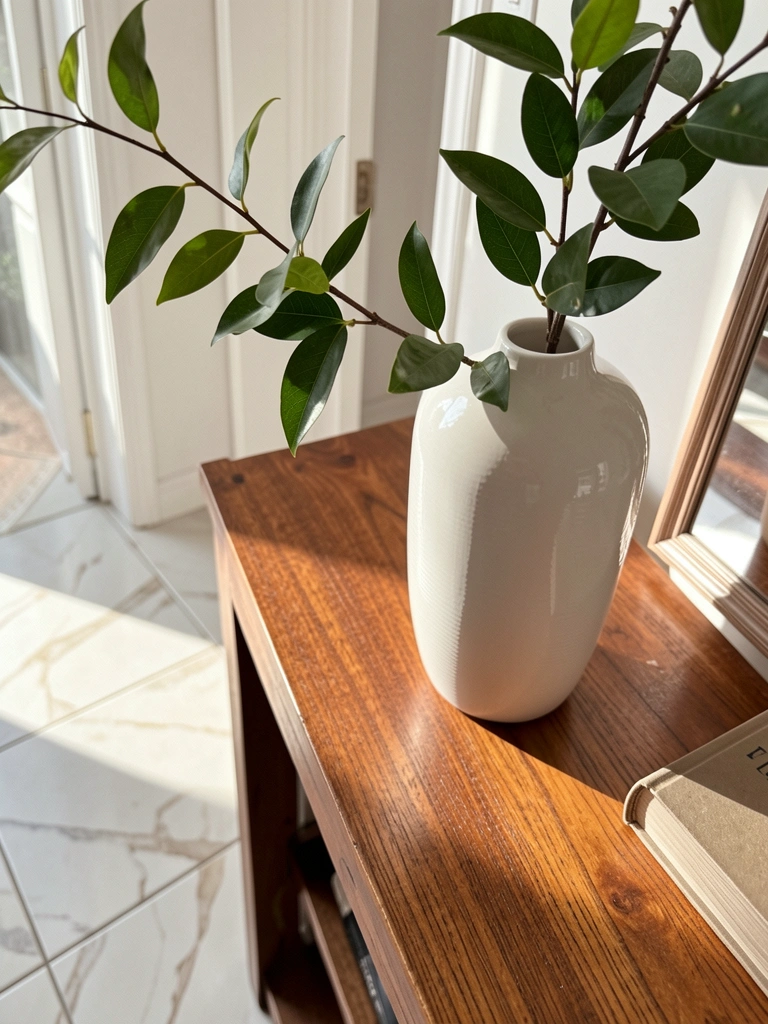 Vaso de cerâmica branco com galho verde sobre mesa de madeira, livro ao lado, luz natural e piso claro.