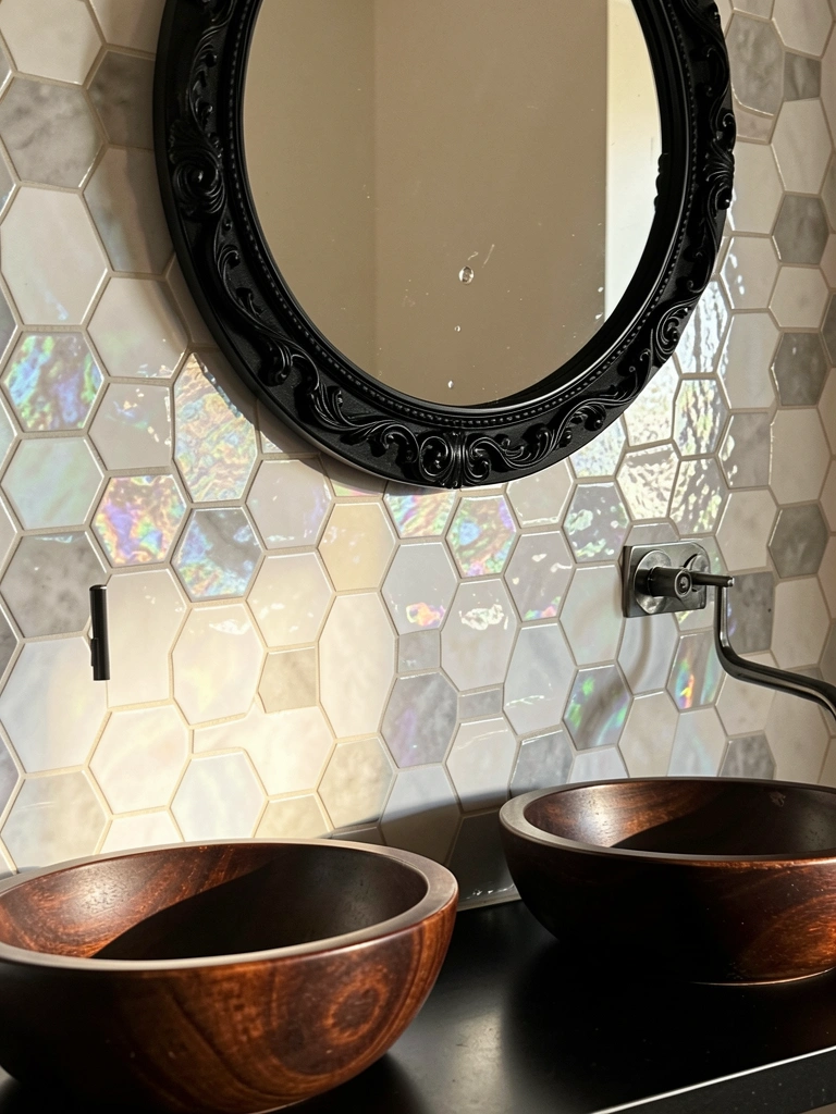 Cubos hexagonais branco-cinza iridescentes refletem espelho preto ornamentado sobre bancada preta com duas cubas de madeira escura.