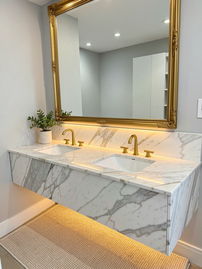 Mármore branco e bancada dupla com torneiras douradas sob luz LED quente, tapete bege texturizado e vaso de planta no balcão.