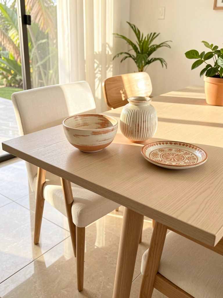 Três peças de cerâmica artesanal em tons de branco e terracota sobre mesa de madeira clara, com luz natural e cadeiras estofadas ao fundo.