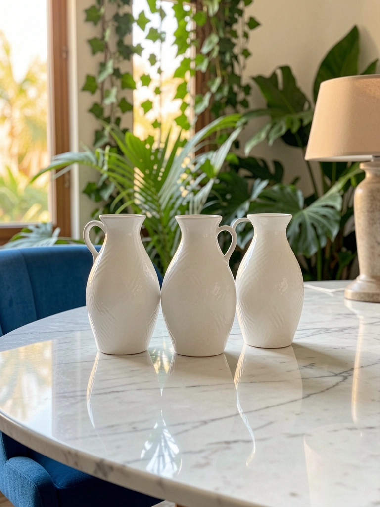 Três vasos de cerâmica branca com textura sutil sobre mesa de mármore refletindo a luz, com folhagens verdes ao fundo e cadeira azul estofada.