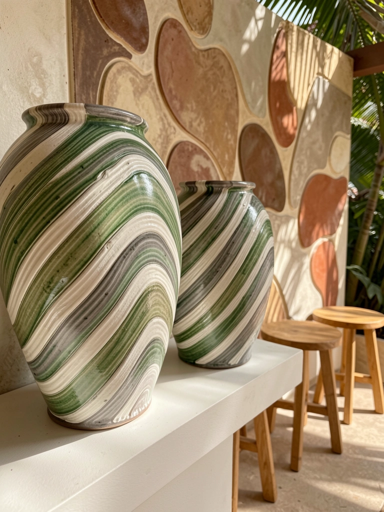 Vasos de cerâmica listrados em verde, branco e cinza sobre prateleira branca, com mural de azulejos abstratos em tons terrosos ao fundo e banquetas de madeira.