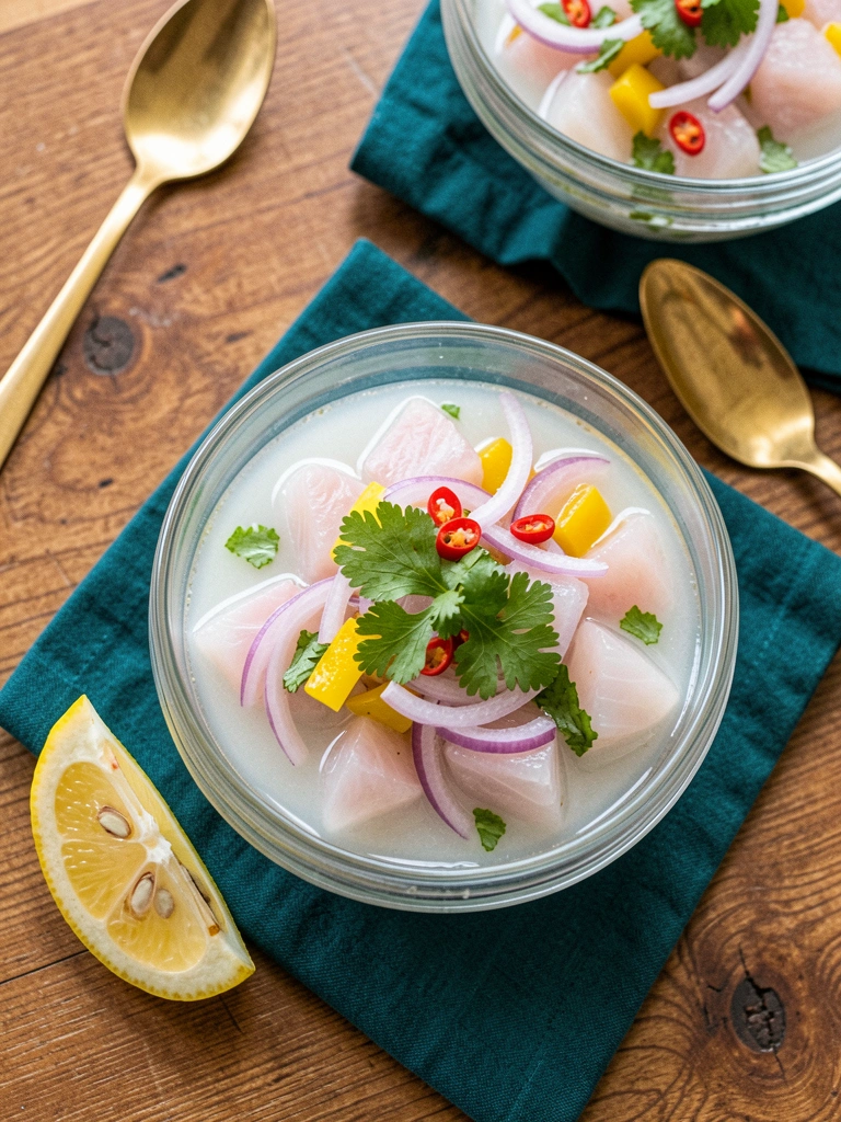 Prato de ceviche com pedaços de peixe, limão, coentro e pimenta, visto de cima