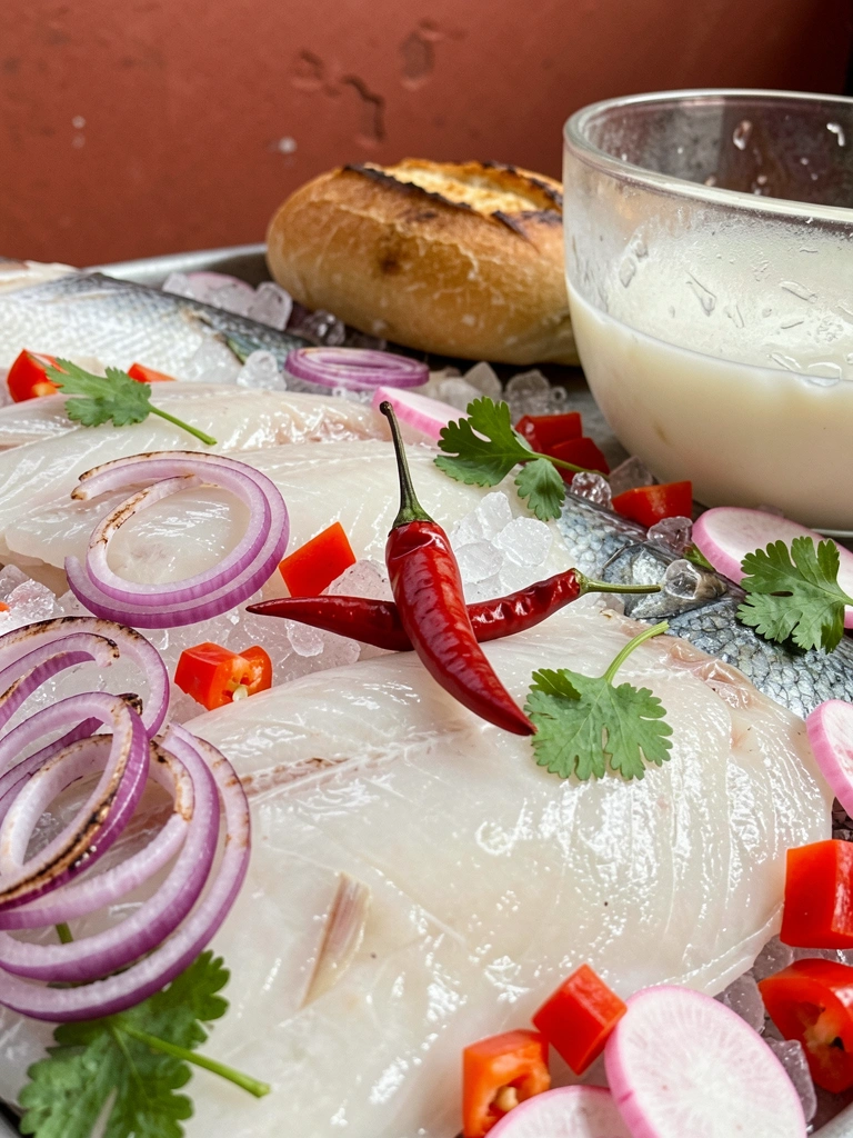 Peixe fresco inteiro e filés dispostos sobre camada de gelo em balcão de peixaria