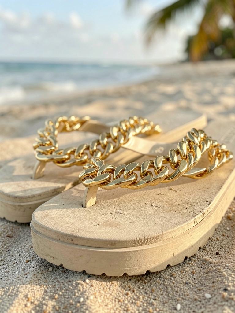 Chinelos bege oversized com detalhe de corrente dourada, luz natural quente e fundo desfocado de praia.