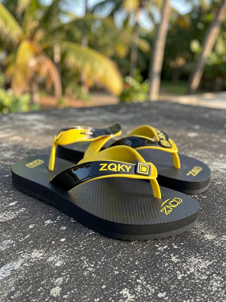 Chinelo preto e amarelo ZQKY com logotipo quadrado na tira e iniciais 