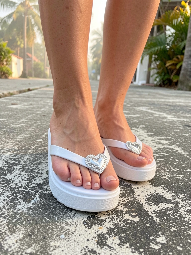 Pés femininos em sandálias plataforma brancas com detalhes prateados em forma de coração sobre calçada cinza desgastada, luz natural do dia.