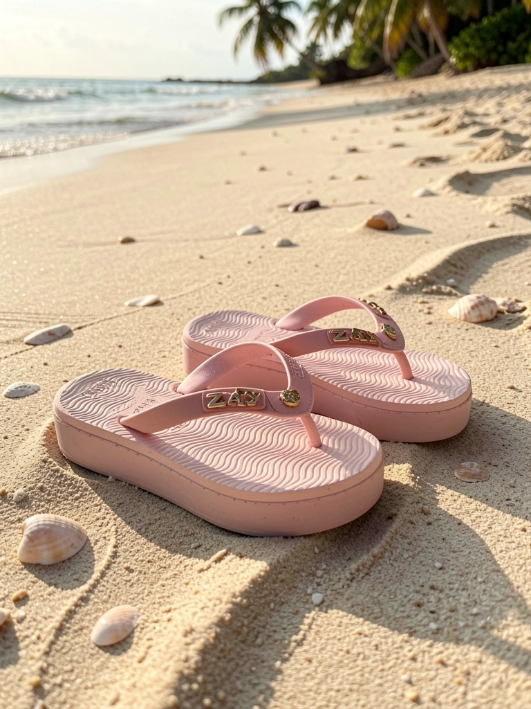 Chinelo Zaxy rosa claro com tiras rosa escuro e detalhes dourados sobre areia bege com conchas, luz do sol tropical.