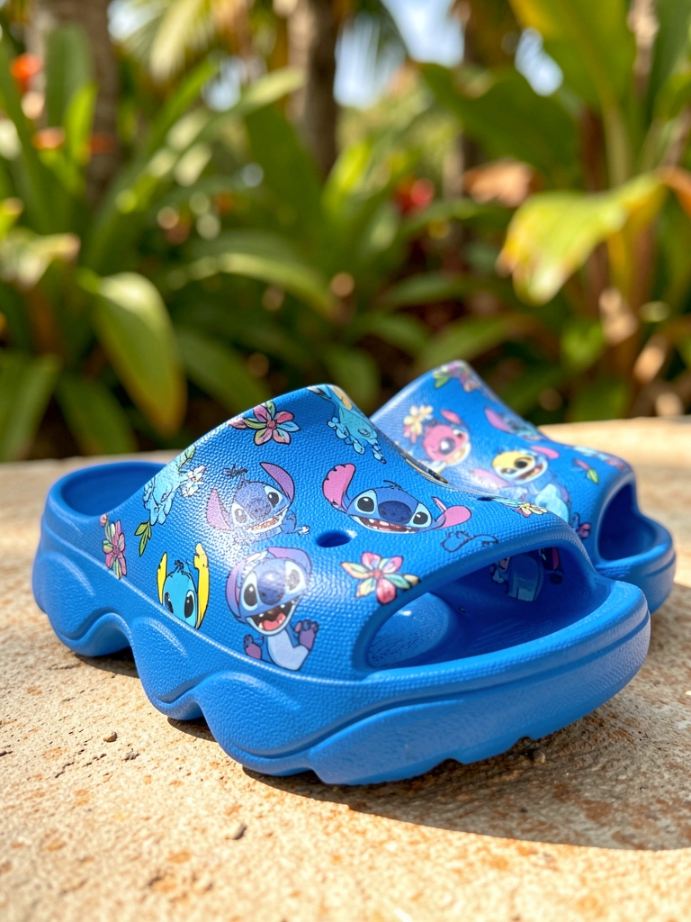 Sandálias azuis da Stitch com padrão floral em borracha texturizada, palmilha grossa e solado contornado, luz natural intensa e fundo desfocado com folhagens verdes.