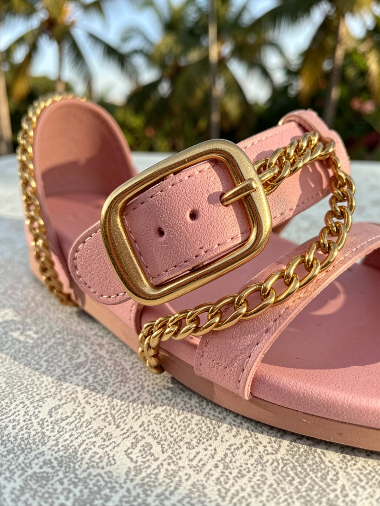 Sandália rosa com fivela dourada e corrente sobre superfície cinza clara texturizada, luz natural quente.