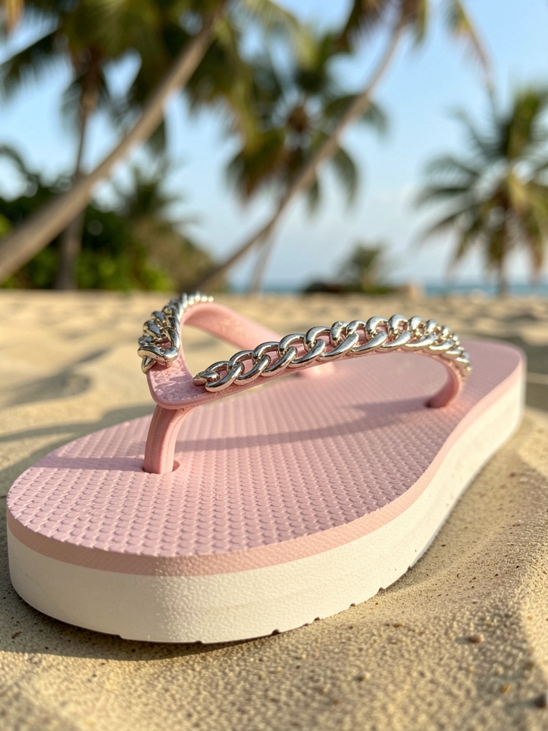 Chinelo Zaxy rosa claro com corrente prateada refletindo luz natural, sola branca e fundo desfocado.