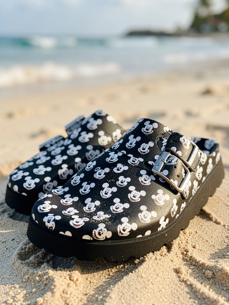 Chinelo preto com padrão de cabeças de Mickey Mouse brancas e fivela prateada, luz natural e fundo de praia desfocado.
