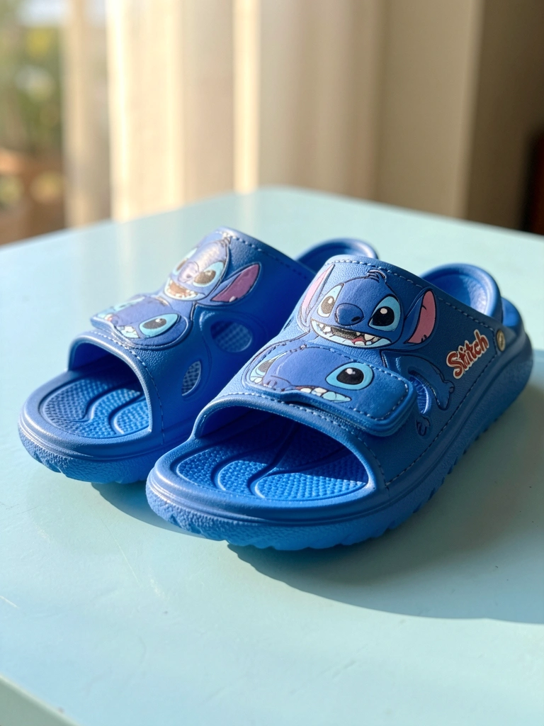 Sandálias azuis da Disney com estampa do Stitch em detalhe, palmilha moldada e solado texturizado, sobre superfície azul clara com reflexos.