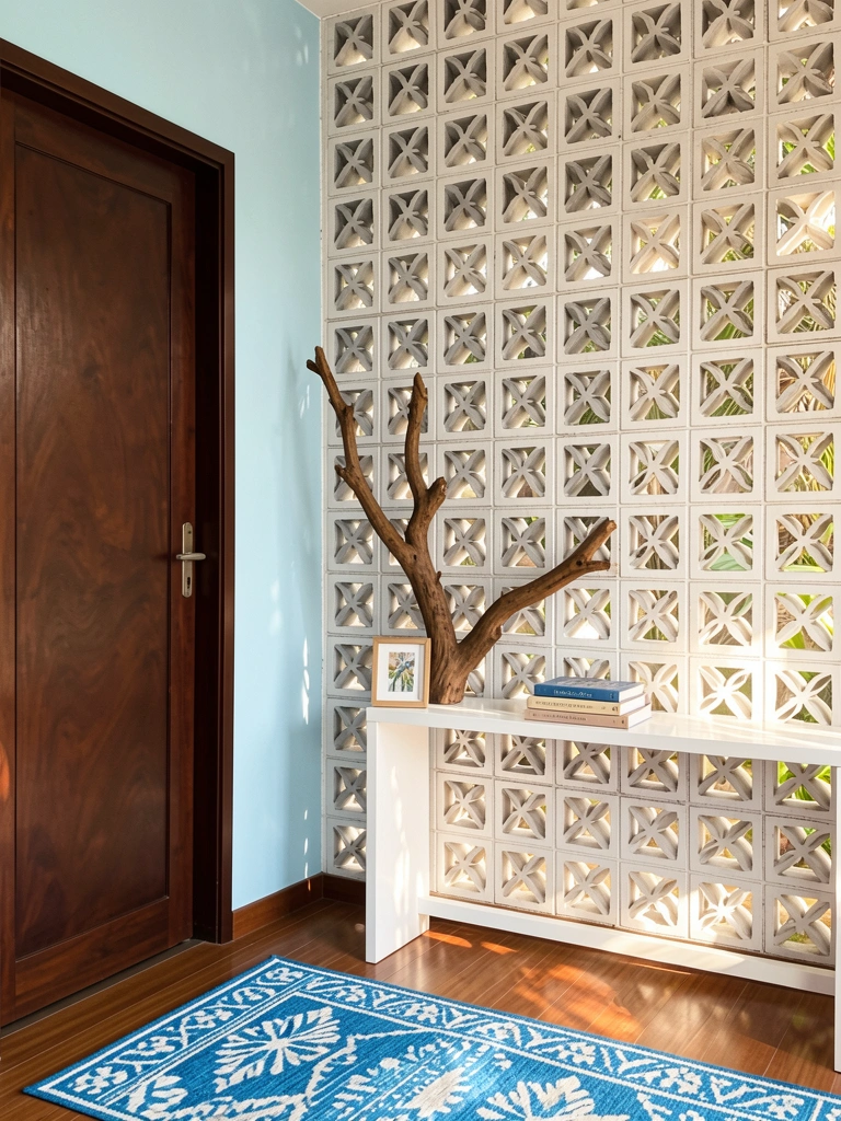 Cobogó branco e cinza com padrão floral ao lado de porta de madeira escura e parede azul clara; sobre cômoda branca, galho seco, quadro e livros; tapete azul e branco no piso de madeira; luz natural.