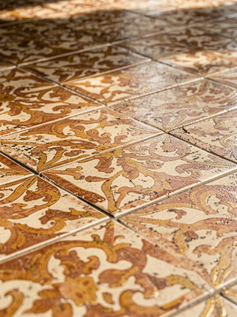 Detalhe de azulejos cerâmicos vintage com padrões florais e geométricos em tons de marrom, creme e dourado, levemente desalinhados, sob luz natural difusa.