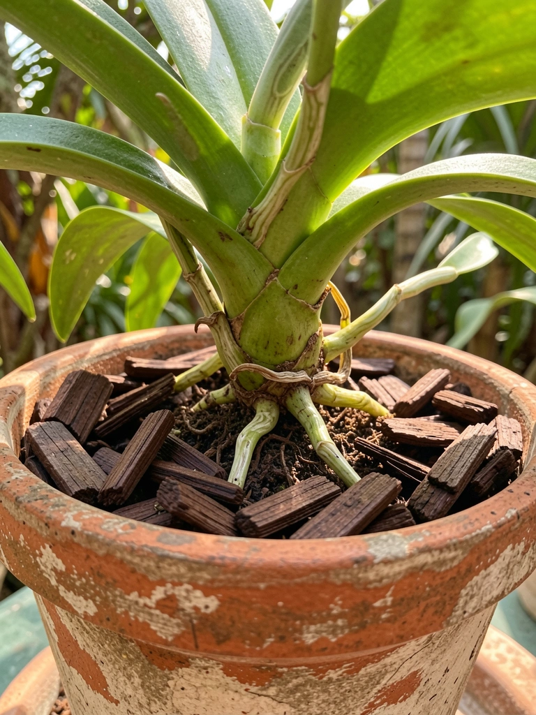 Orquídea verde vibrante em vaso de terracota envelhecido com lascas de madeira, raízes expostas e luz natural filtrada por folhas.