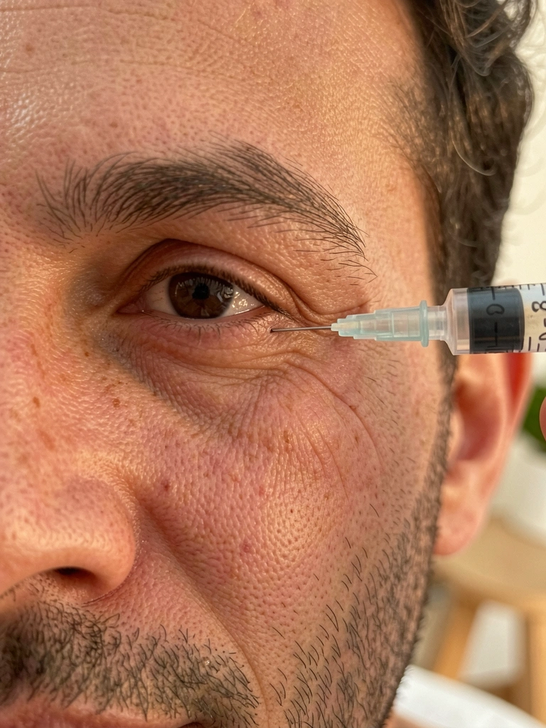 Close-up de rosto masculino recebendo injeção de preenchimento na região orbital com seringa, pele envelhecida com rugas, luz natural suave e quente.