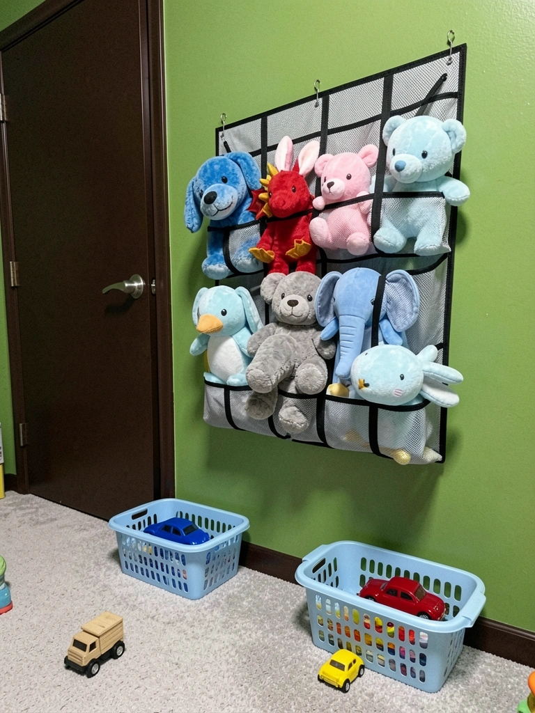 Prateleira de madeira com caixas organizadoras transparentes cheias de brinquedos coloridos.