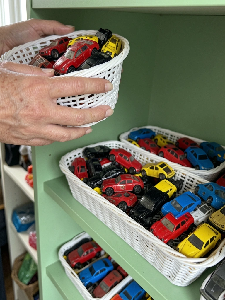 Prateleira de madeira com caixas organizadoras transparentes cheias de brinquedos coloridos.
