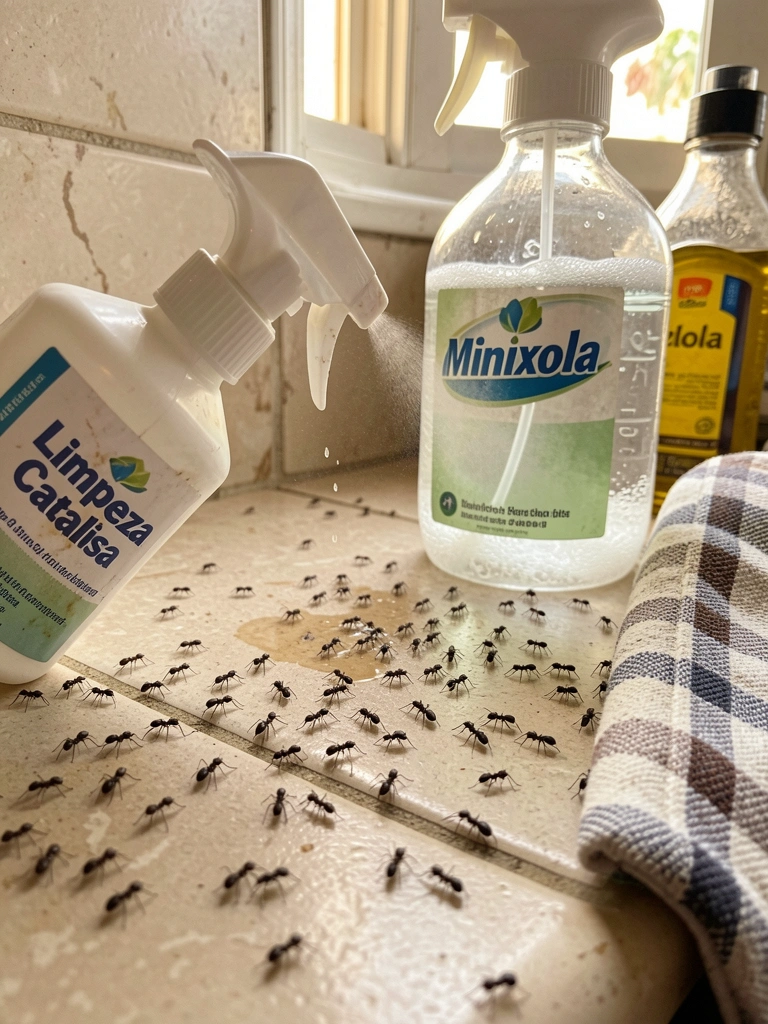 Formigas pretas sobre bancada de azulejos beges, frasco spray branco e outro transparente com água e sabão, pano xadrez na borda, luz natural de janela.